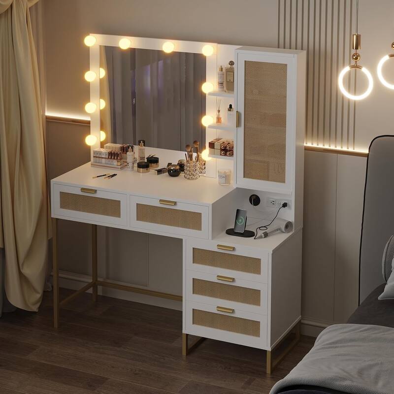 Modern Makeup Vanity Desk with Lighted Mirror, Power Outlets & Storage, Wood Fluted Dressing Table for Bedroom