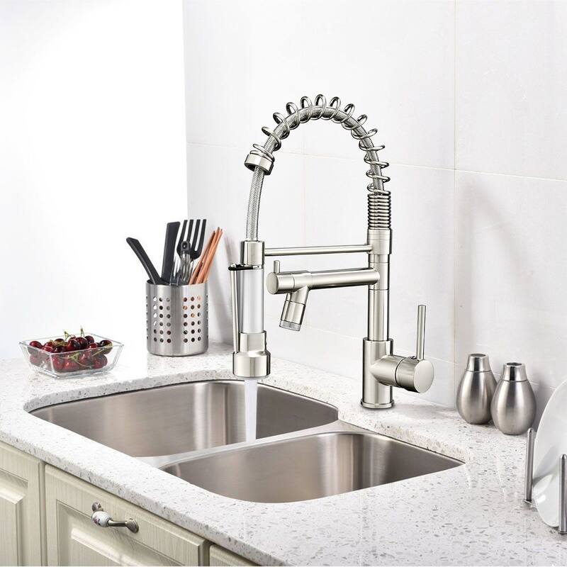Double-Handle Pull-Down Sprayer Kitchen Faucet with LED in Brushed Nickel