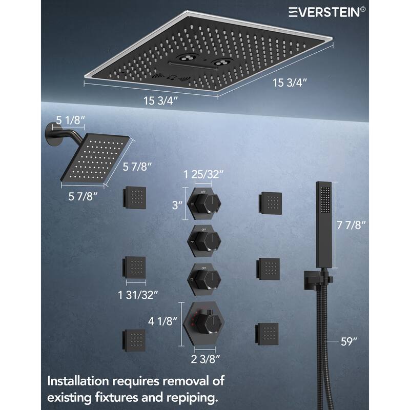 Shower Faucet Set Dual Heads with 3 Spray Modes 16" Ceiling and 6" Wall Mount Body Jets Handheld Spray LED Music