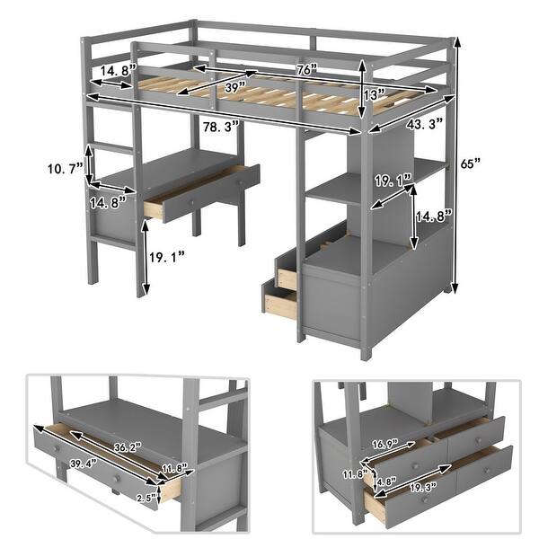 dimension image slide 0 of 2, Full Size Multifunctional Loft Bed with Two Drawers, and Storage Shelves and Drawers