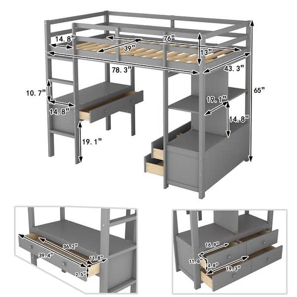 dimension image slide 0 of 2, Twin Size Loft Bed with Built-in Desk with Two Drawers,Shelves,Multifunctional Loft Bed with Storage