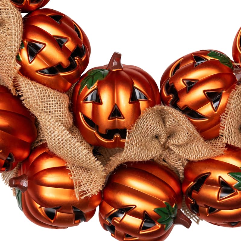 Jack-O-Lantern and Burlap Ribbon Halloween Wreath 20-Inch Unlit