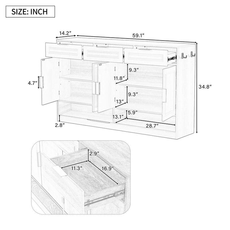 Multi-Functional Storage Buffet with 3 Drawers & 4 Doors, Sideboard with Adjustable Shelf and Open Storage Compartments
