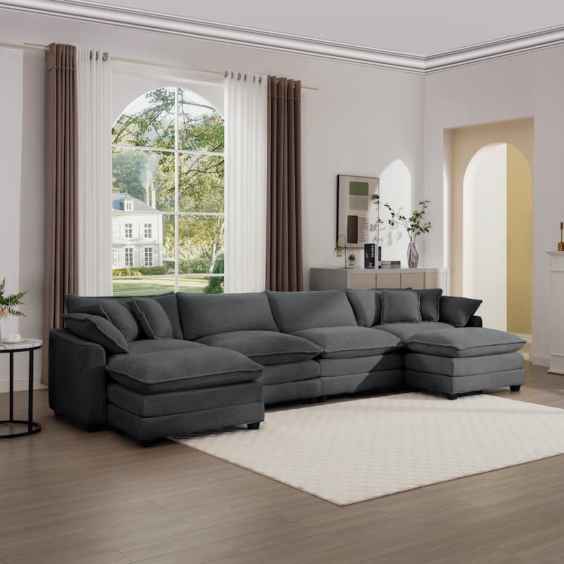 Grey 150" Corduroy Modular U-Shaped Sectional Sofa with 2 Ottomans
