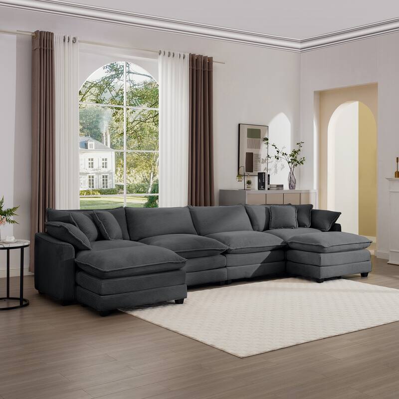 Modern Fabric 4 Seater Modular Sofa Set - Soft Upholstered U-Shape Corduroy Couch with 2 Ottomans for Living Room