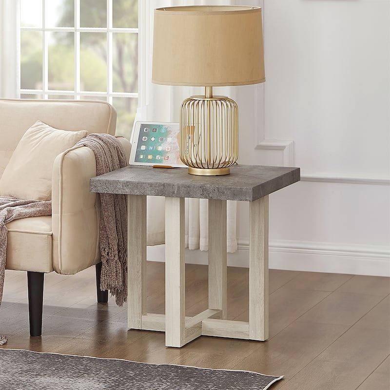 Roundhill Furniture Luno Contemporary End Table - Faux Concrete and White