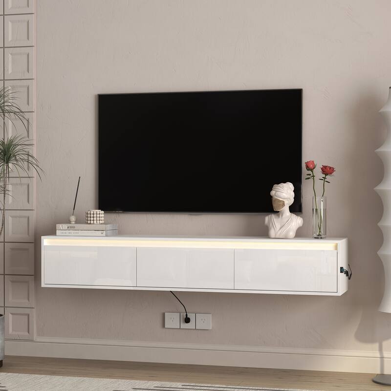 Wall Mounted TV Shelf with Led Lights & Power Outlet,High Gloss TV Cabinet for White TV Stands for Living Room