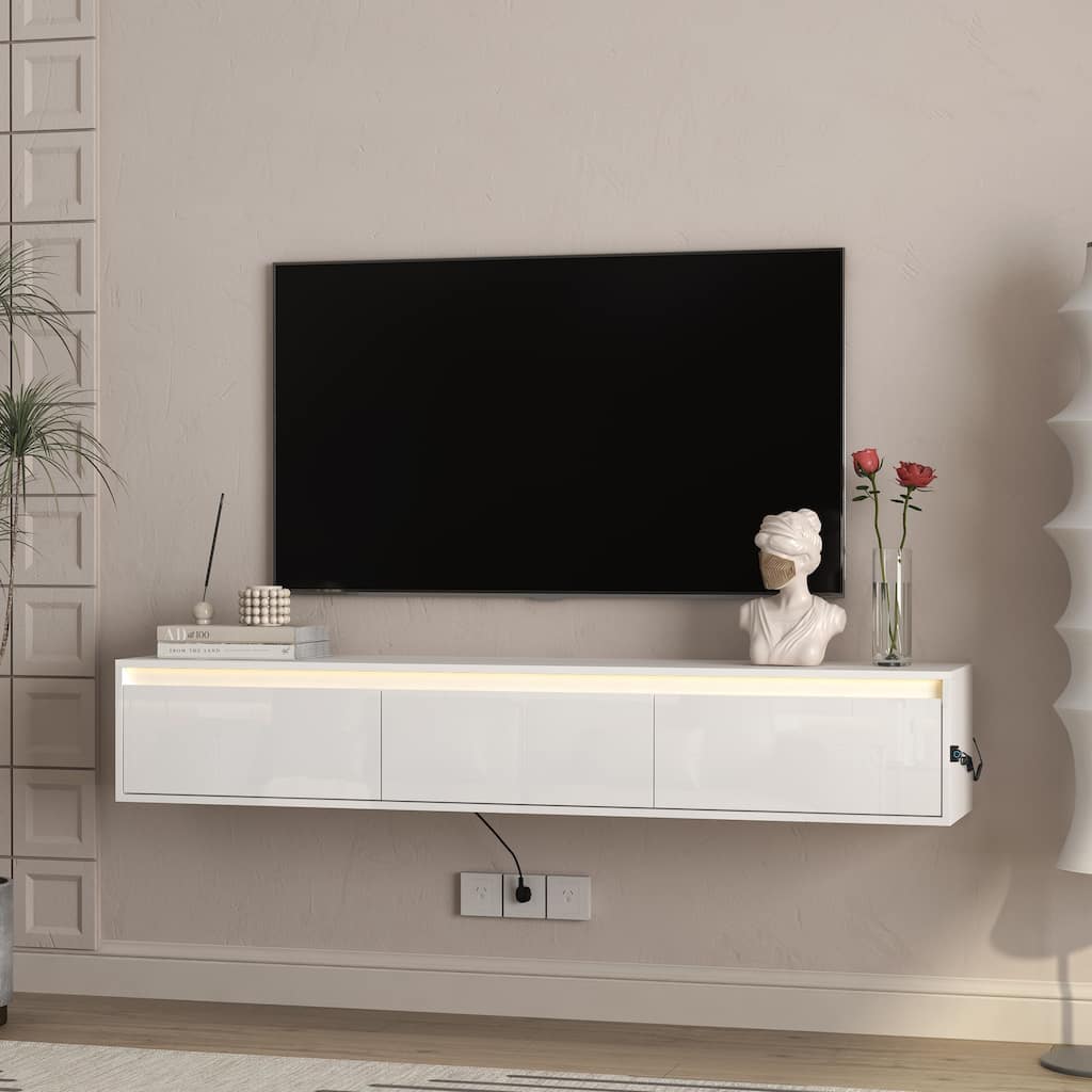 White Wall Mounted TV Shelf with Led Lights, Simple TV Cabinet Floating TV Stand for Living Room Bedroom