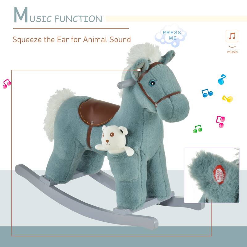 Kids Plush Ride-On Rocking Horse with Bear Toy, Children Chair with Soft Plush Toy & Fun Realistic Sounds, Blue