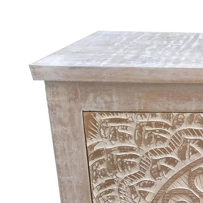 28 Inch Ornate Medallion Accent Cabinet with 3 Drawers, Mango Wood, White