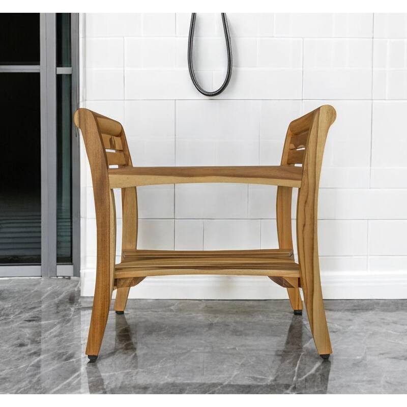 HomeRoots 24" Natural Solid Teak Wood Shower Bench With Handles - Brown