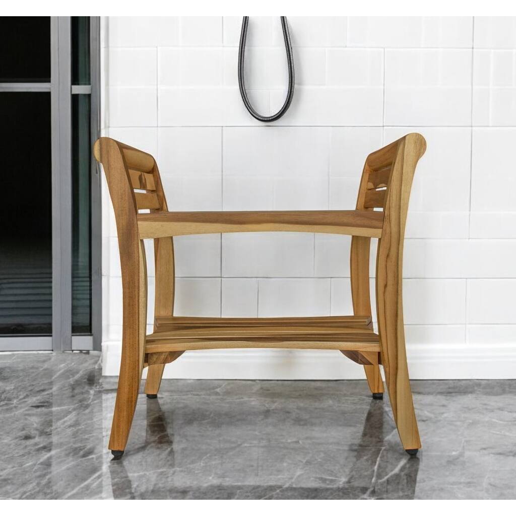 HomeRoots 24" Natural Solid Teak Wood Shower Bench With Handles