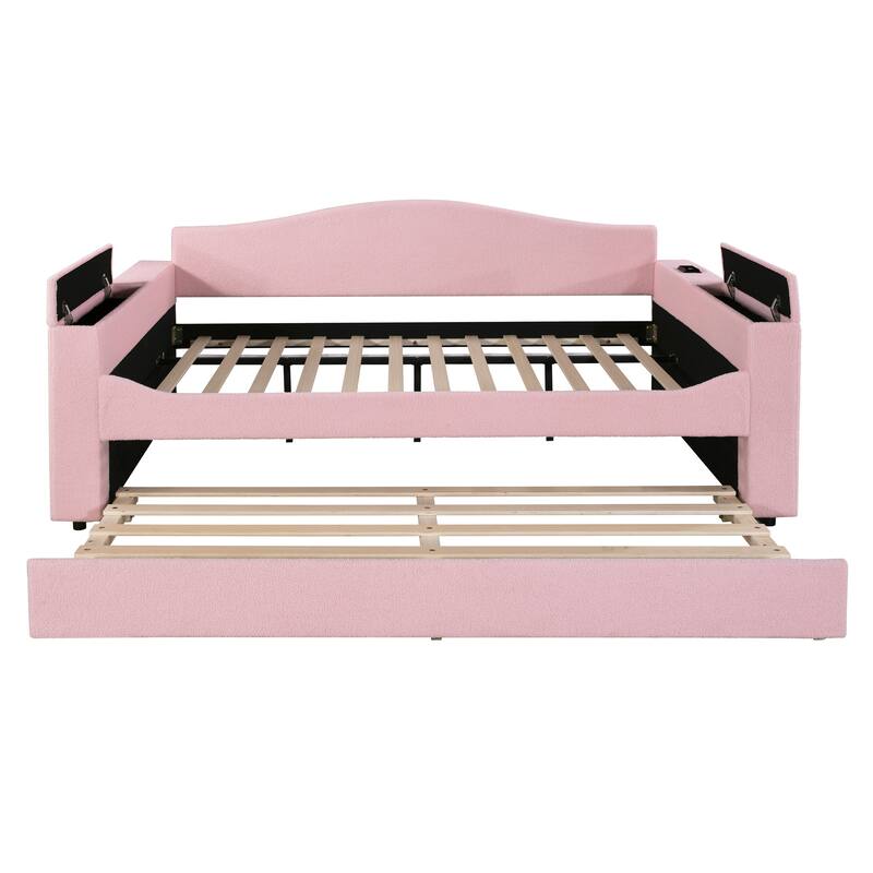 Full Size Upholstered Daybed with Storage Armrests, Trundle & Bluetooth