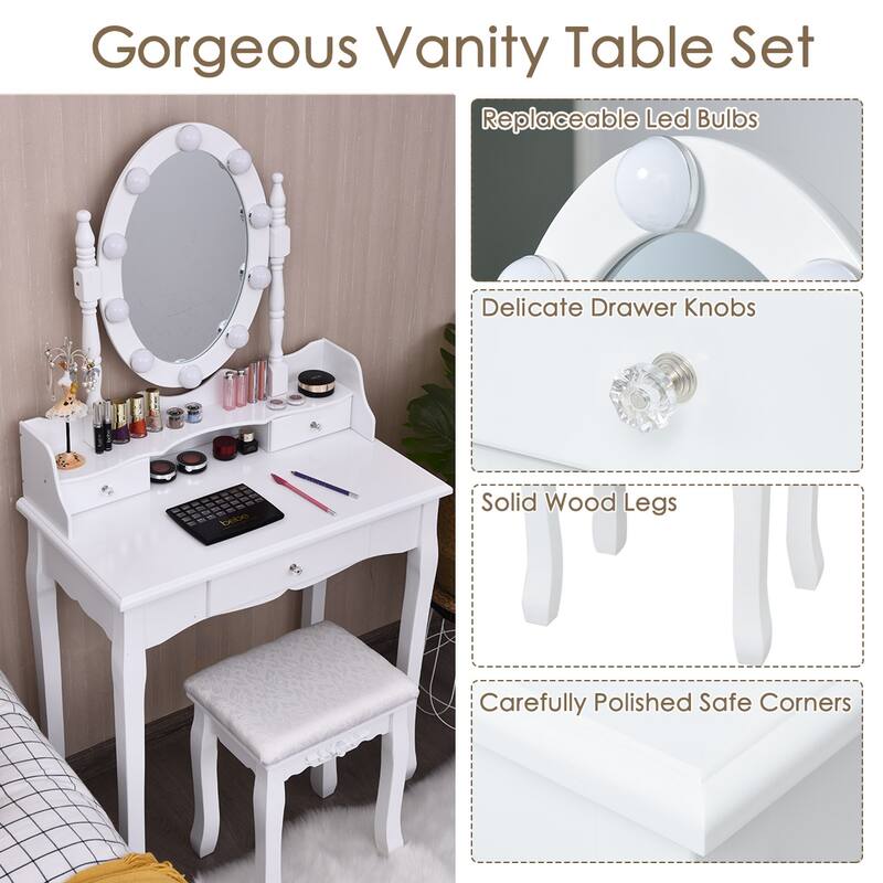 Costway Makeup Vanity Dressing Table 10 Dimmable Bulbs WhiteBlackBrown