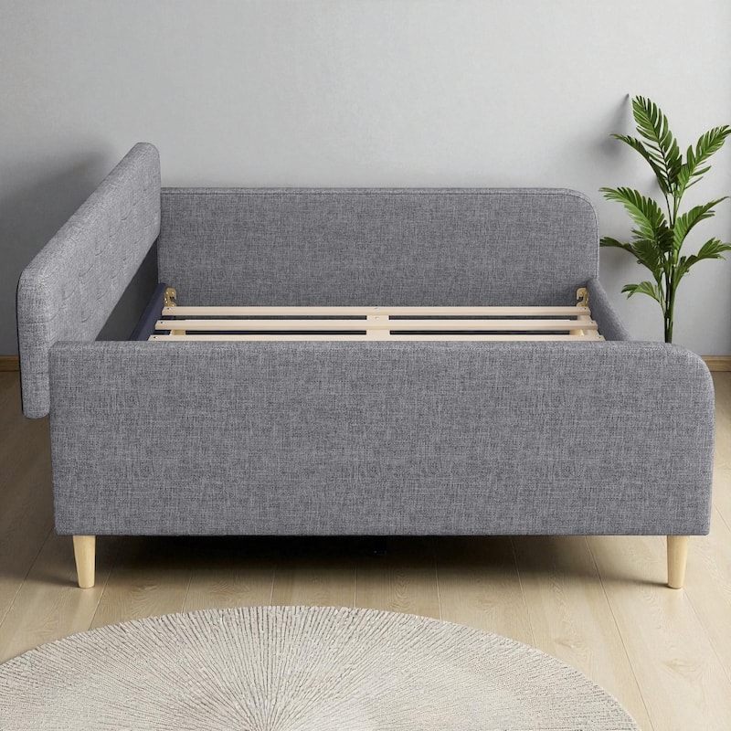 Queen Size Upholstered Daybed with Linen Fabric, Solid Wood Frame & 4 Support Legs, Sofa Bed for Guest Room
