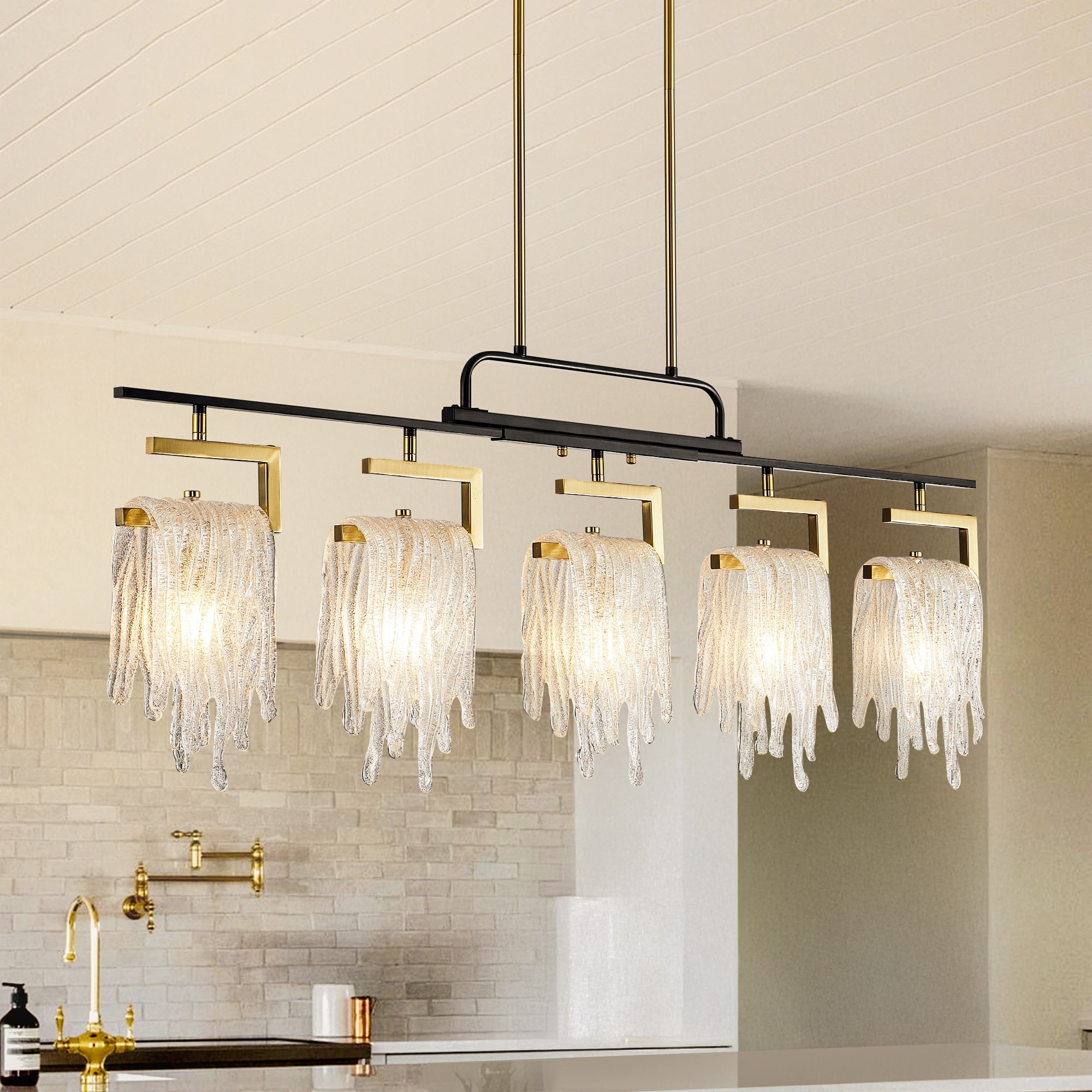 42.9" 5-Light Handcraft Glass Chandelier, Rotatable Metal Pendant Lighting Fixture for Dining Room
