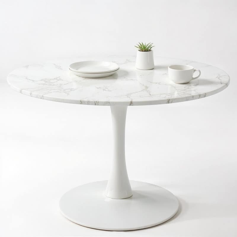 Grondin Mid-Century Modern Round Kitchen or Dining Table with Premium MDF Top and Steel Pedestal Base for Dining Room