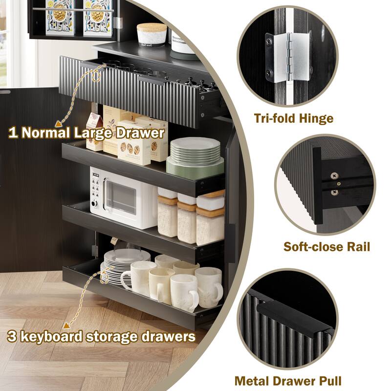 Fluted Kitchen Pantry Cabinet, Freestanding Sideboard Buffet Storage Cabinet with 3 Keyboard Drawers & 6 Door Shelves