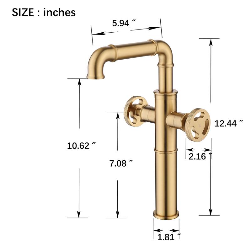 Industrial Single Hole 360 Degree Swivel Bathroom Sink Faucet with 2 Handle in Black/Gold - Brushed Gold