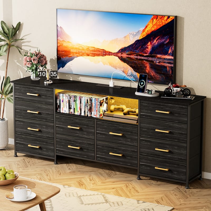 Dresser for Bedroom with Power Outlets And LED Lights, TV Pedestals, Large Size TV Stand with 12 Drawers
