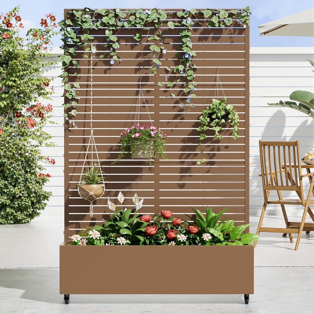 Metal Planter Box with Trellis Privacy Screen Lockable Wheels - 72"x47"