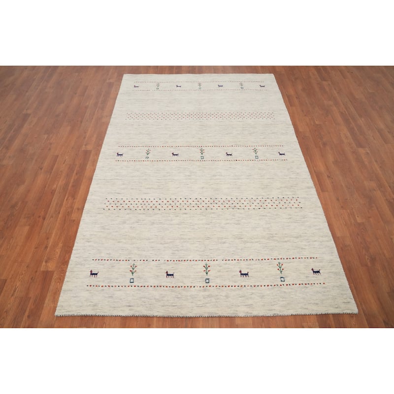 Hand Knotted Oriental 100% Wool Carpet Tribal Animal Pictorial Beige & Ivories Gabbeh Area Rug - 7' 9'' X 5' 1''