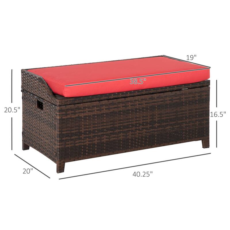 Outsunny PE Rattan Patio Storage Bench with Interior Water-Fighting Cloth Bag & Comfortable White Top Cushion