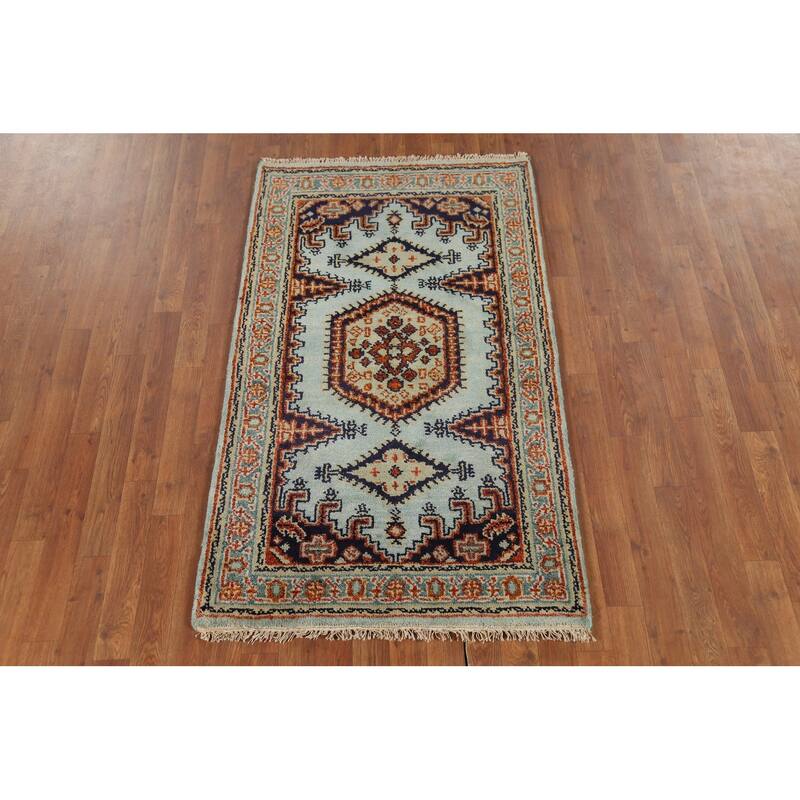 Turquoise Geometric Viss Indian Accent Rug Hand-Knotted Wool Carpet - 3'0"x 5'0"