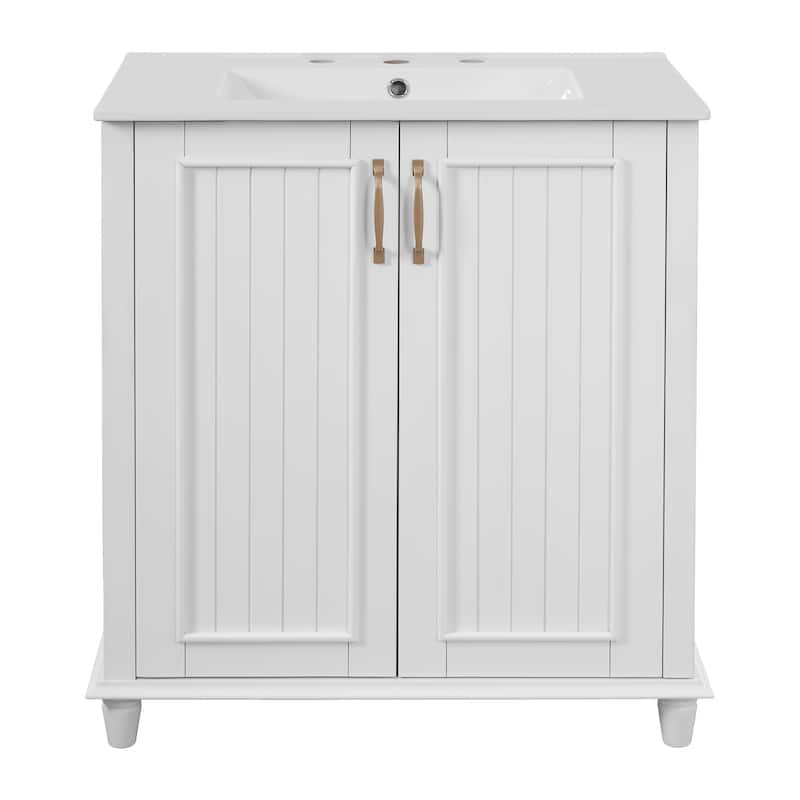 30" Bathroom Vanity with Ceramic Sink Freestanding Bathroom Vanity Storage Cabinet Set with Hidden Drawer in White