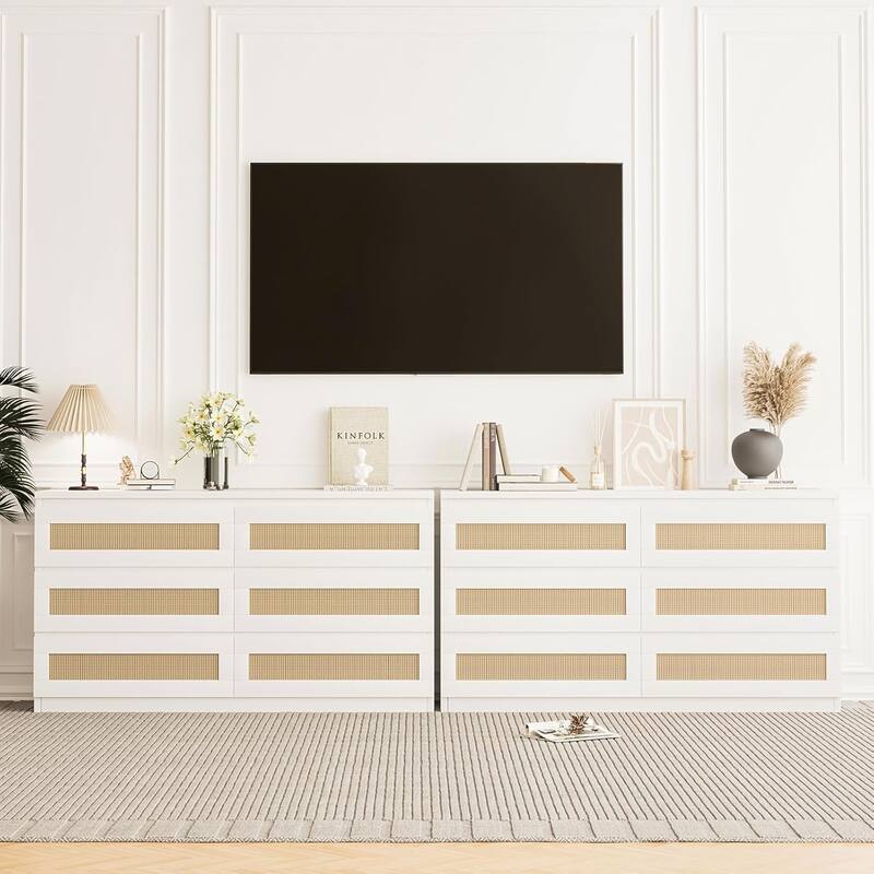 Rattan Dresser for Bedroom, 6 Drawer Double Dresser, Modern Wood Chest of Drawers