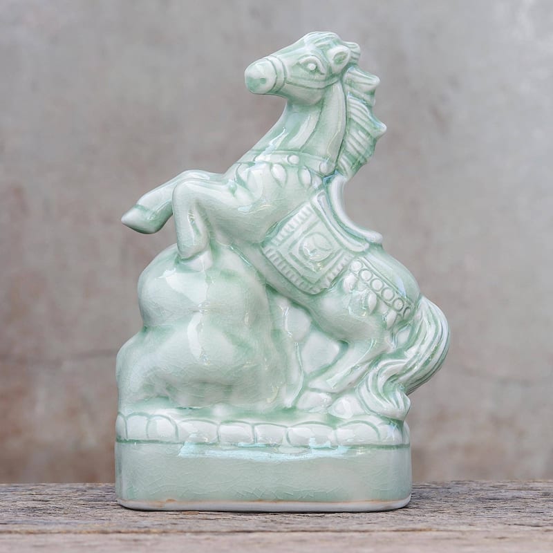 Novica Handmade Lucky Horse Celadon Ceramic Sculpture