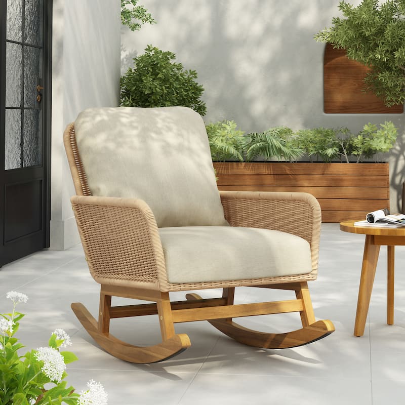 Contemporary Minimalist Wicker Rocking Chair with Soft Polyester Cushions and Durable Wooden Frame
