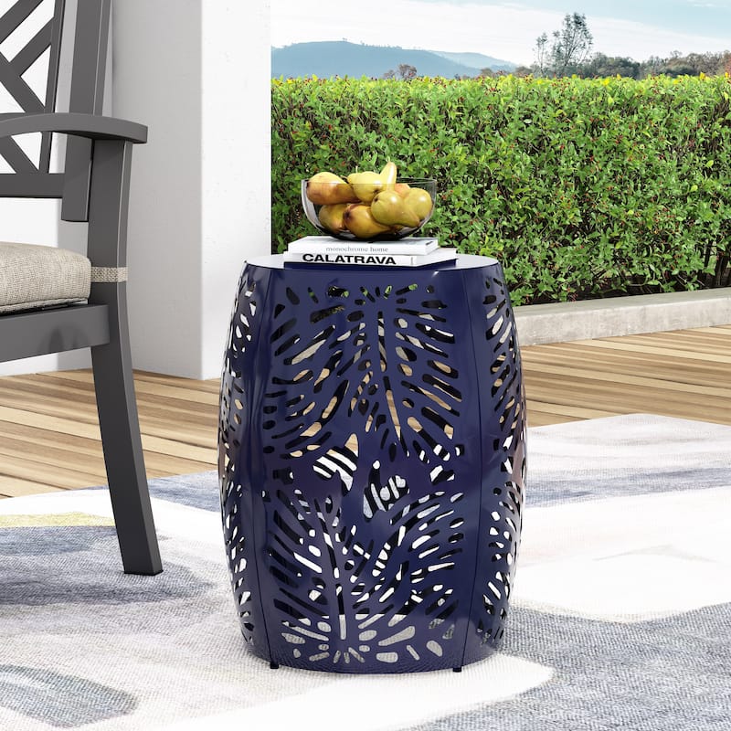 Steel Patio End Table, Round Side Table with Hollow Drum Design,Accent Table for Outdoor and Indoor Use
