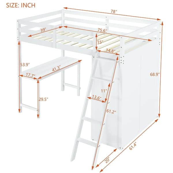 dimension image slide 2 of 4, Solid Pine Loft Bed with Wardrobe, Desk, Shelves, and Guardrail