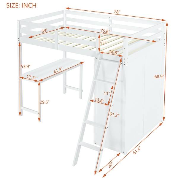 Twin Size Loft Bed with Wardrobe, Desk and Shelves, White