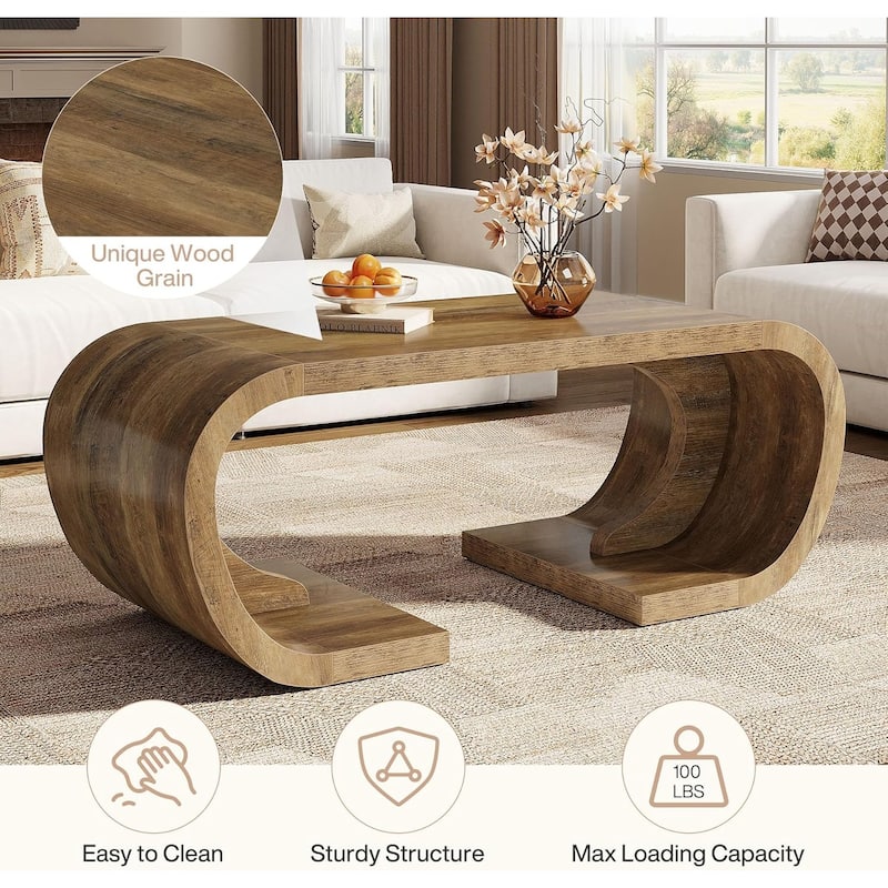 47" Farmhouse Coffee Table, Heavy Duty C-Shaped Center Table with Curved Base for Living Room, Rustic Brown