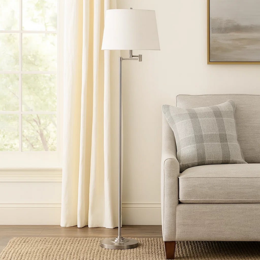 Tomi 63 Inch Floor Lamp, Double Swing Arm, Brushed Steel, White Shade