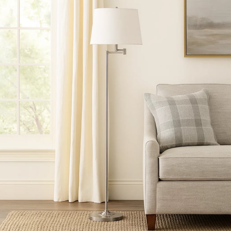 Tomi 63 Inch Floor Lamp, Double Swing Arm, Brushed Steel, White Shade