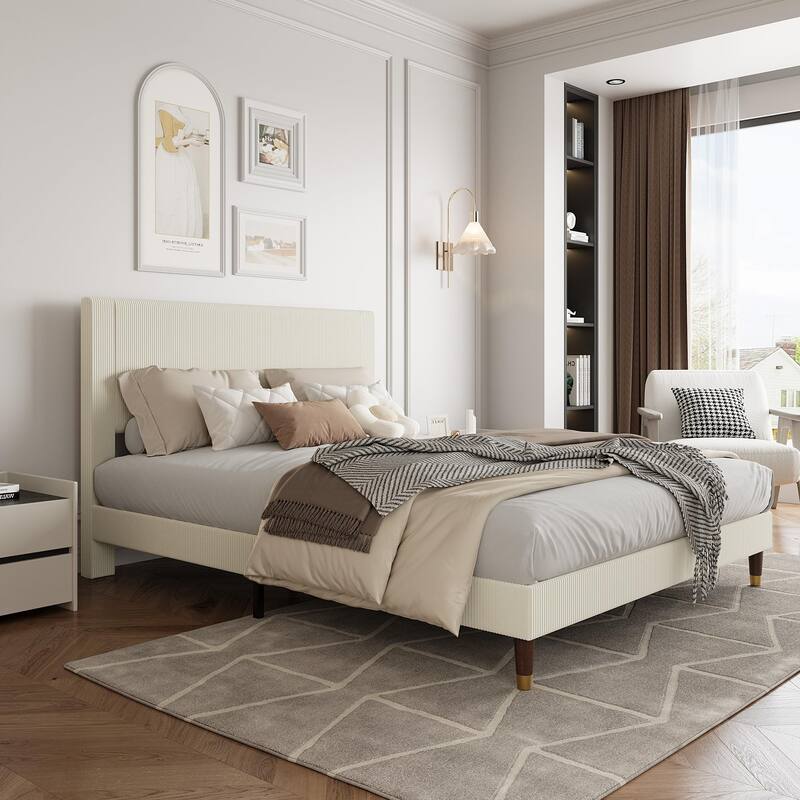 Twin Bed Frame Upholstered Platform Bed with Fabric Headboard, Non-Slip and Noise-Free - Beige - Full
