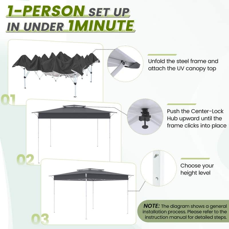 11x11 Pop Up Canopy Tent with Center Lock, UPF 50+ Outdoor Shade, Easy Up Patio Tent for Parties & Camping, Includes Rolling Bag