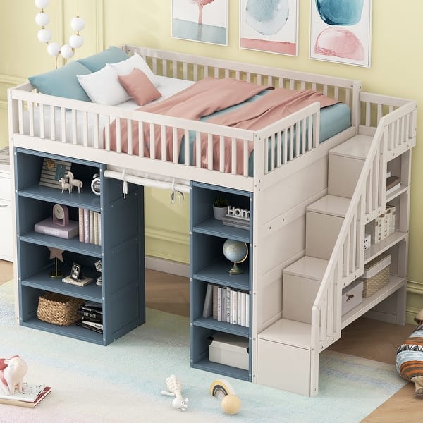 slide 2 of 15, Full Size Loft Bed with 2 Four-Layer Racks and Storage Staircase, Wooden Bed Frame with Curtain and Storage Cabinets White