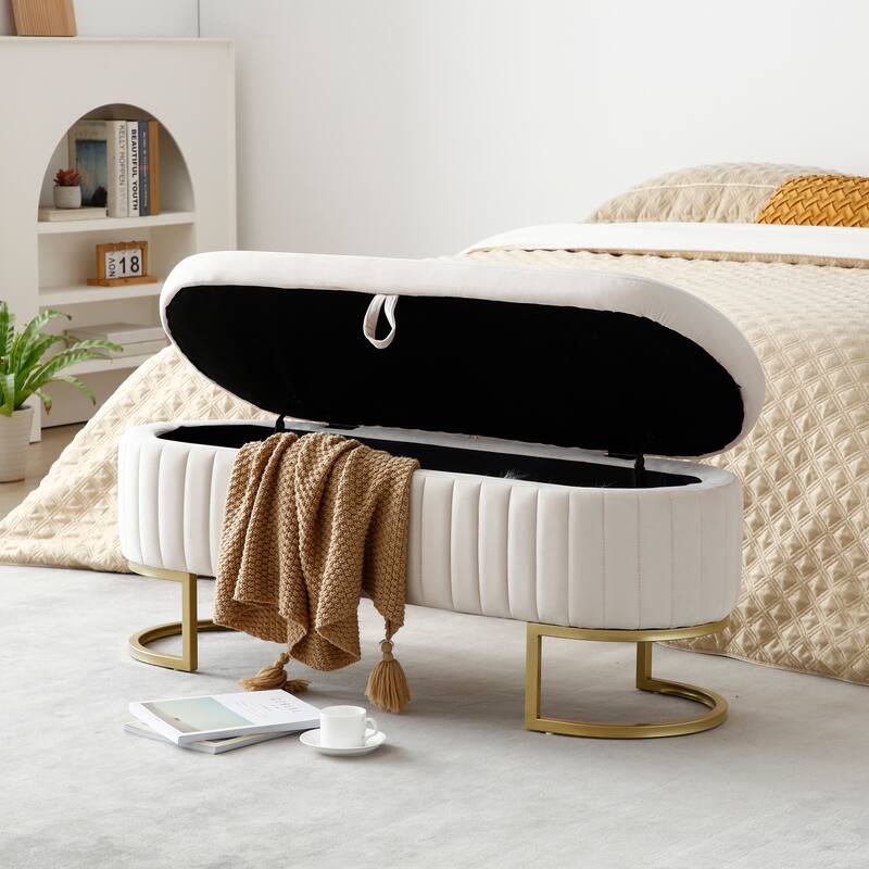 Storage Bench Bedroom Bench, Velvet Oval Upholstered End of Bed Bench with Golden Metal Legs, 50"Modern Storage Ottoman Bench