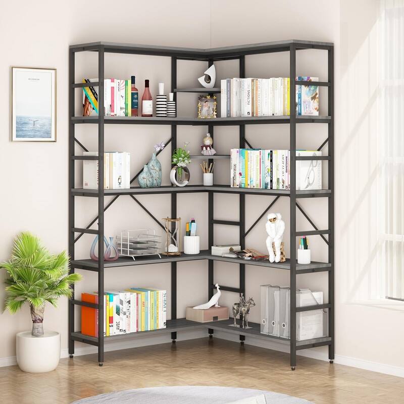 4-Tier L Shaped Industrial Bookshelf Corner Bookcase with Open Shelves and Curved Panels