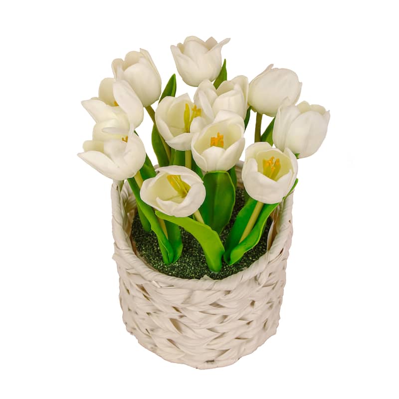 National Tree Company 10 in. White Tulip Bouquet in White Basket y - 10 in