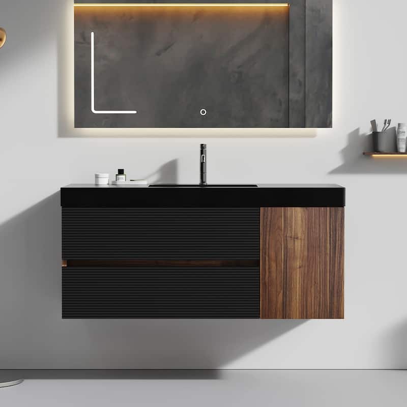 Wall Mounted Bathroom Vanity with Glossy White Solid Surface Sink - 47.67'' x 19.11' x 25.81'' - Black