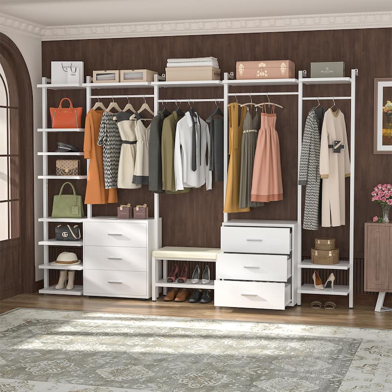 96'' Closet Organizer System with 6 Drawers, Clothing Rack Wardrobe Closet Garment Rack for Walk In Closets