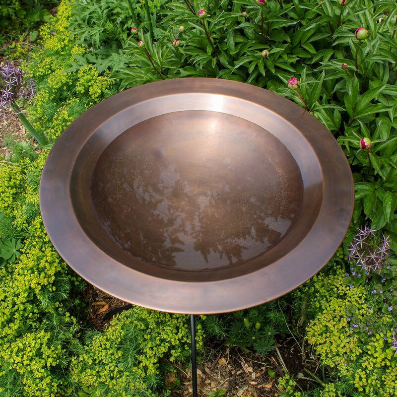 Achla Designs 24"Dia. Round Antique Finished Brass Classic Copper Birdbath w/Black Wrought Iron Folding Ring Stand