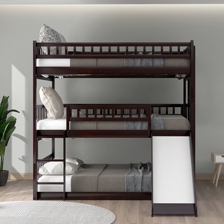 Full Over Full Over Full Triple Bed Convertible into 2 Full Size Platform Beds and 1 Floor Bed, Bed Frame with Slide and Ladder