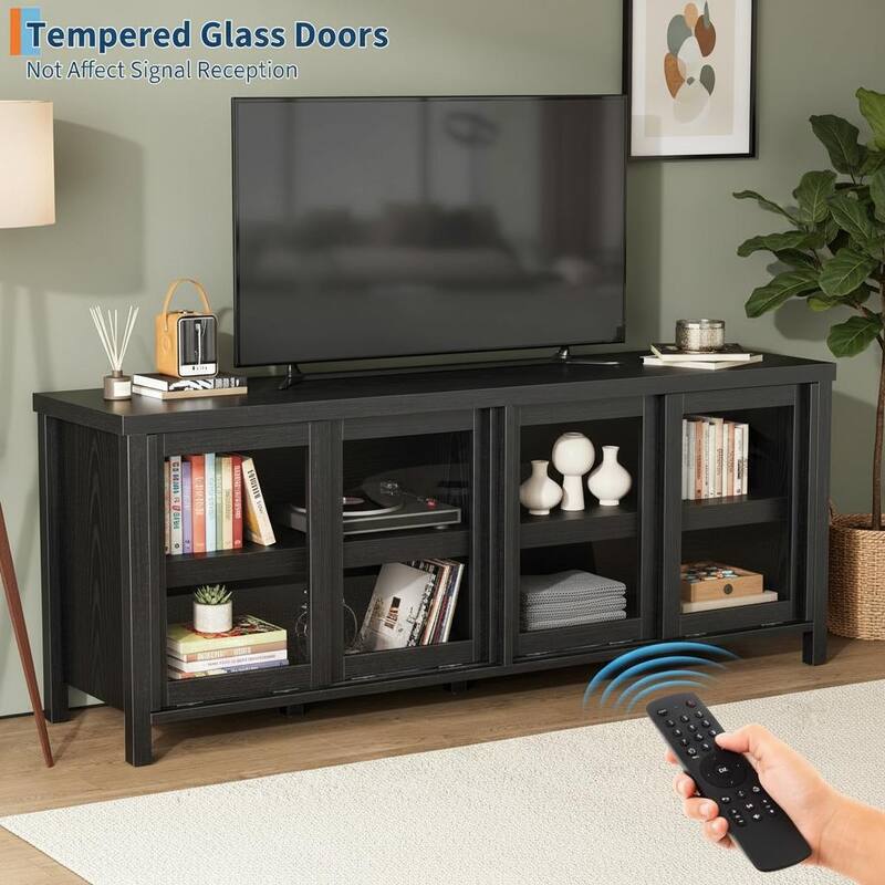 TV Stand, with 4 Sliding Glass Doors & Storage Cabinet