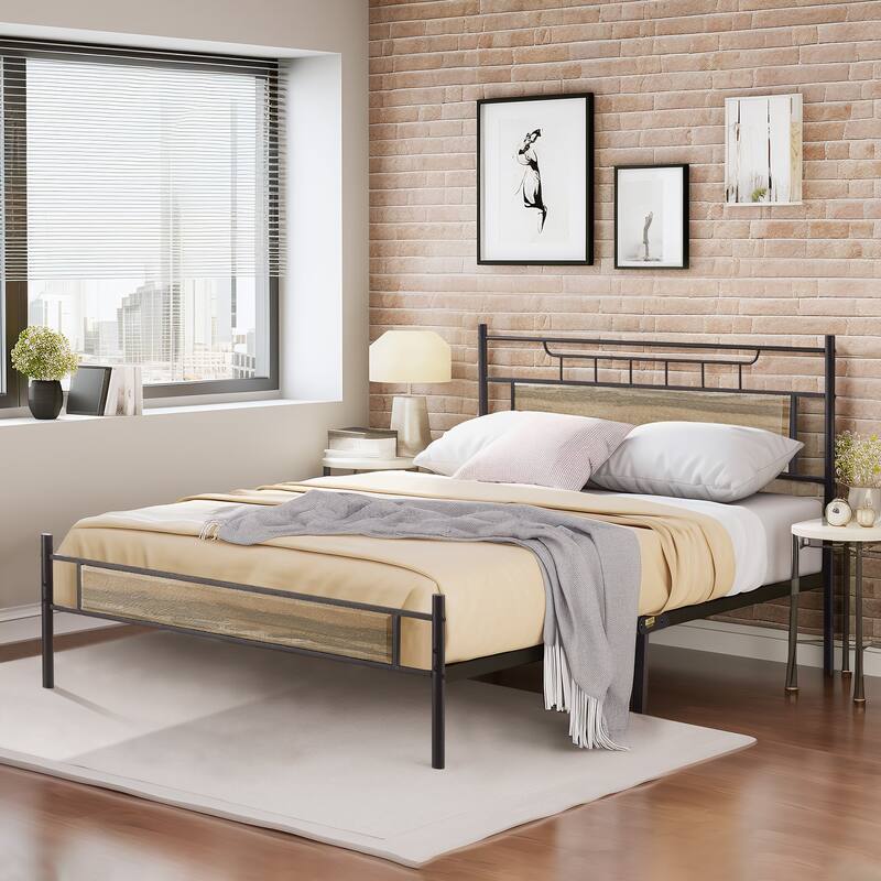 VECELO Industrial Bed Frame with Wood Headboard,Twin/Full/Queen Size Bed, Black/Brown/Slate-3 colors - Slate - Full